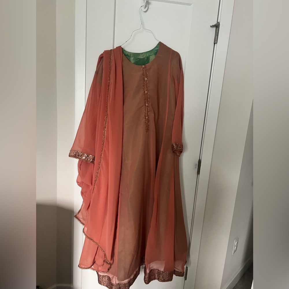 Peach Coral / Seagreen Pakistani Maxi Anarkali simple dress